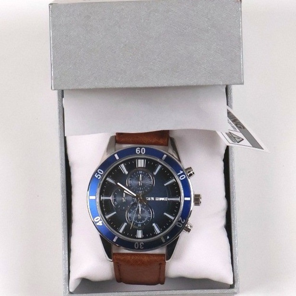 Steve Madden Watch SM-9267NVLG Navy Blue Brown Leather Chronograph Look NWT $75